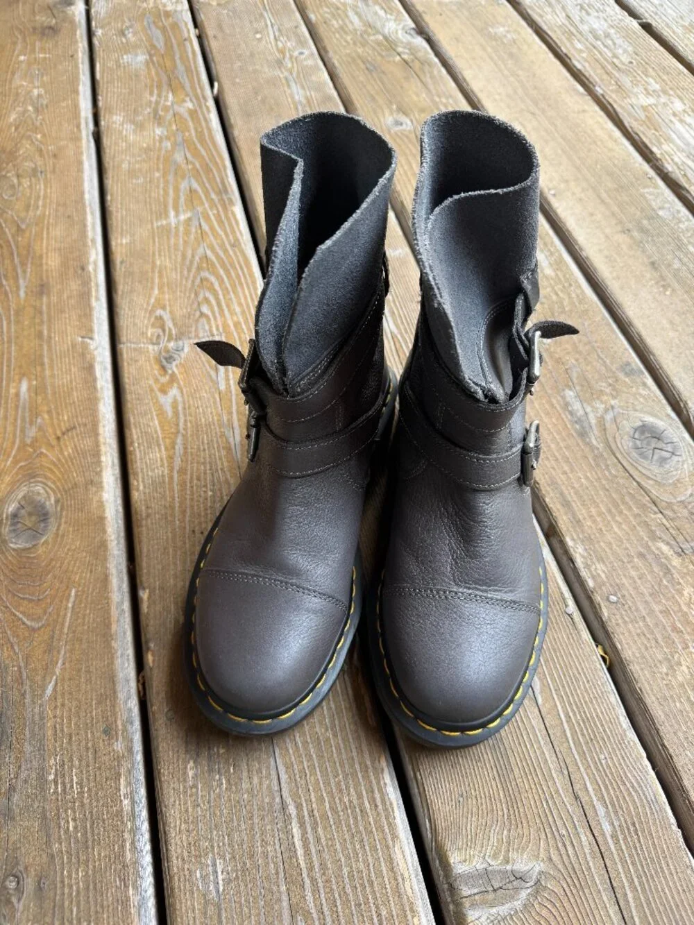 Dr. Martens Gray Leather Kristy Buckle Fold Down Combat Boots in Women's 8/EU 39